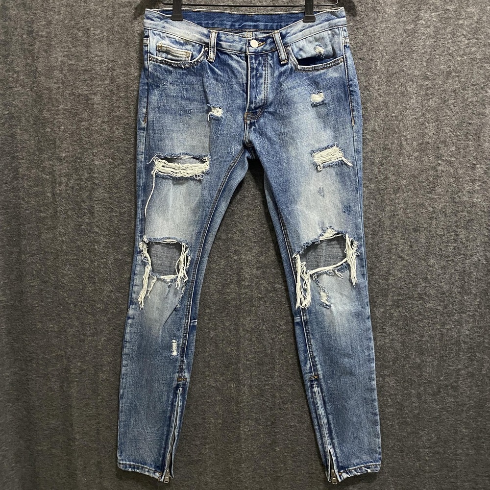 MNML Jeans Men 29 Blue Distressed Skinny Ankle Zip Ripped Denim Streetwear Biker